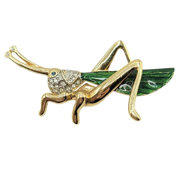 Carolee Jewelry - Carolee Gold-Tone Green Enamel Clear Rhinestone Grasshopper Brooch, Signed